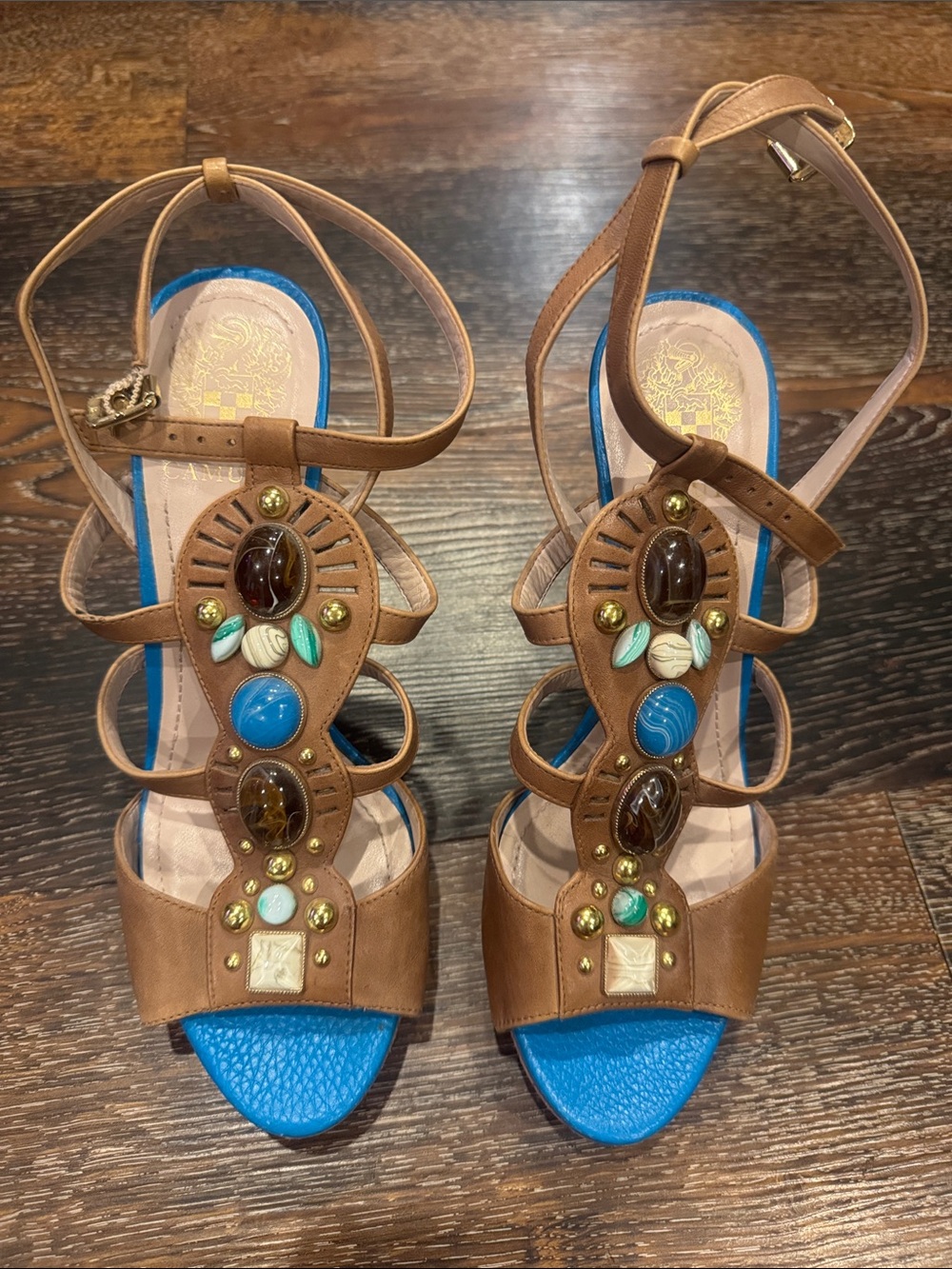 Vince Camuto Brown Leather Jeweled Strappy Heels with Blue Insole